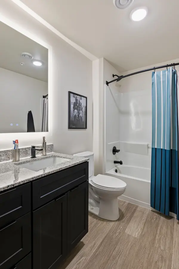 Modern bathroom with stylish fixtures.