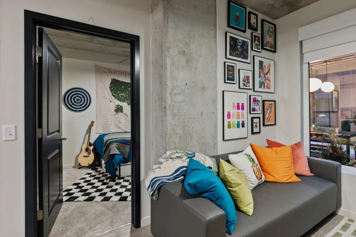 Modern apartment with colorful decor.
