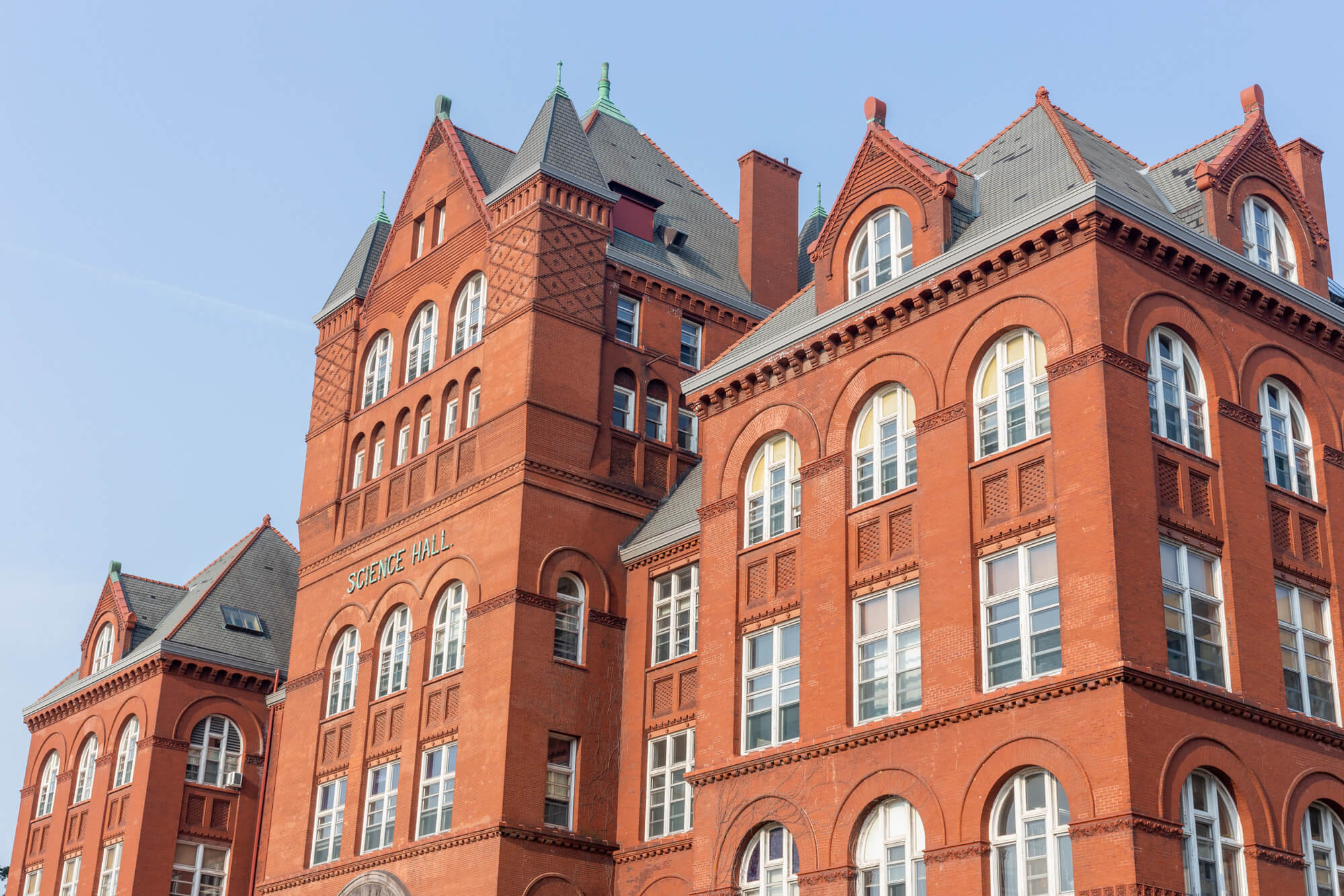 Brick building facade with intricate architecture